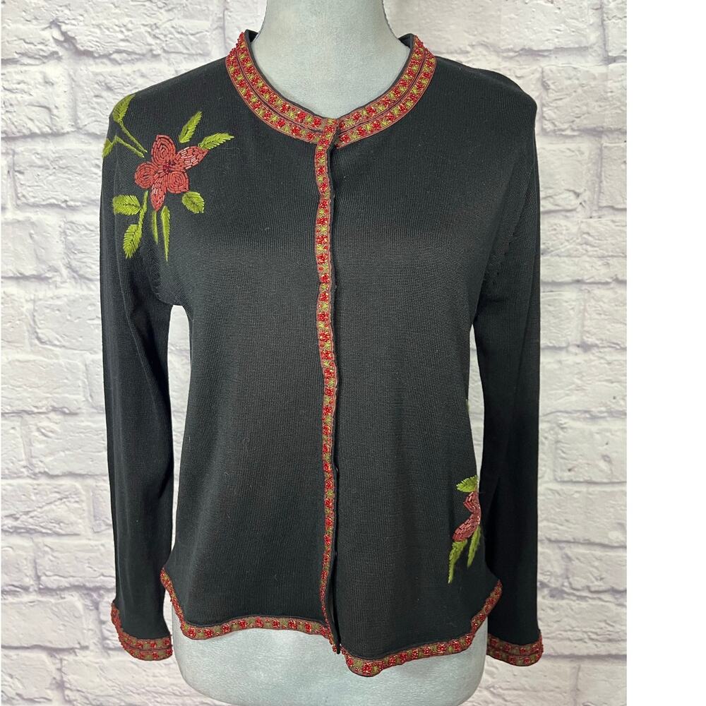 Gorgeous Moody Colors Silk Club Woven Sweater Blouse w/ Seed Bead Flowers